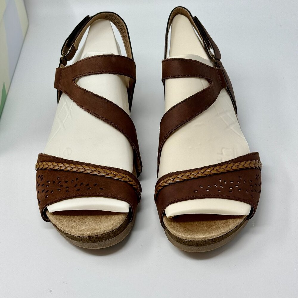 Earth Origins Leather Asymmetrical Strap Wedges- Kendra Karla Bark, Sz 10 W